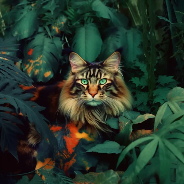 Maine Coon vert, photographie d'art créée par IA (intelligence artificielle)