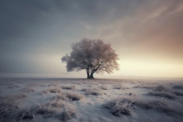 Arbre en hiver, Islande, photo d'art créée par IA (intelligence artificielle)