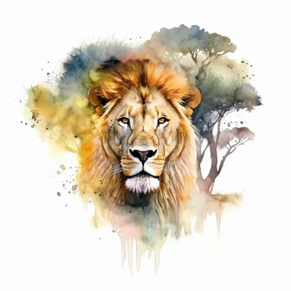 Lion dans la savane, aquarelle créée par IA (intelligence artificielle)