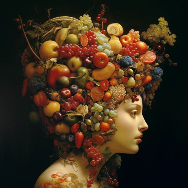 Portrait aux fruits I, peinture créée par IA (intelligence artificielle)