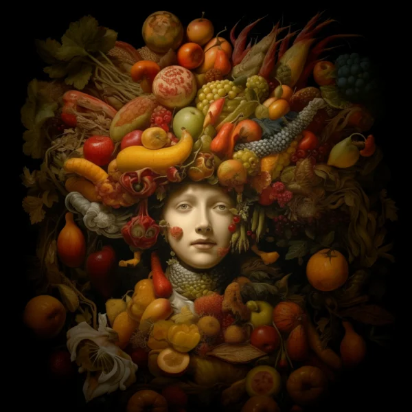 Portrait aux fruits V, peinture créée par IA (intelligence artificielle)