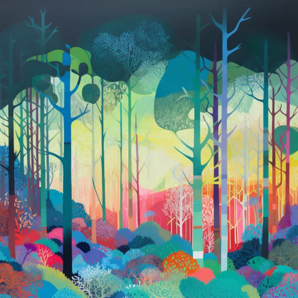 Forêt arc-en-ciel, peinture en vente sur la galerie d'art en ligne