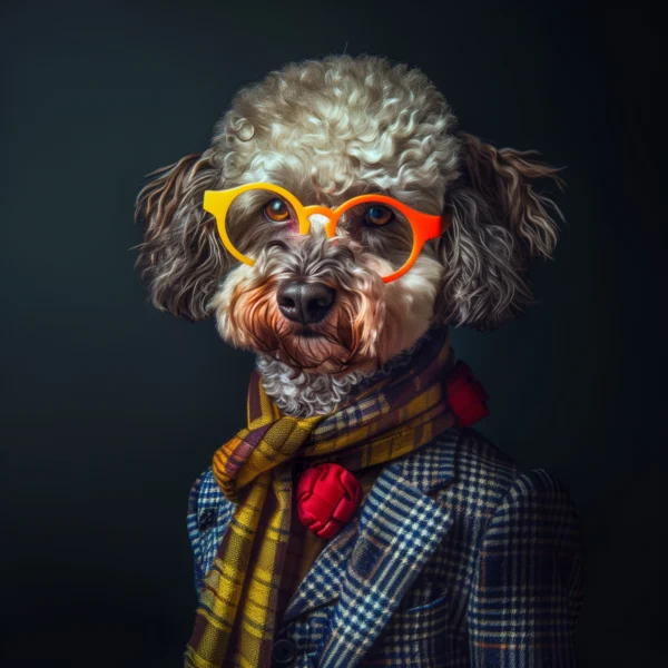 Le caniche dandy, photo de chien habillé inspiré de Andy Warhol et William Wegman