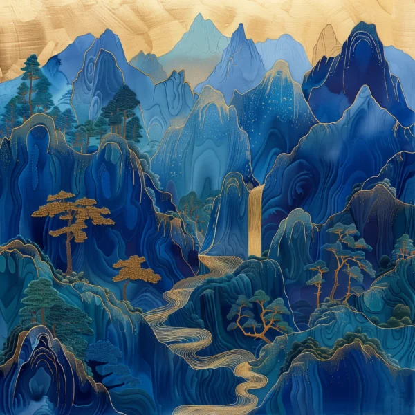 Les montagnes bleues, peinture traditionnelle chinoise inspiré de Hokusai et Fu Baoshi