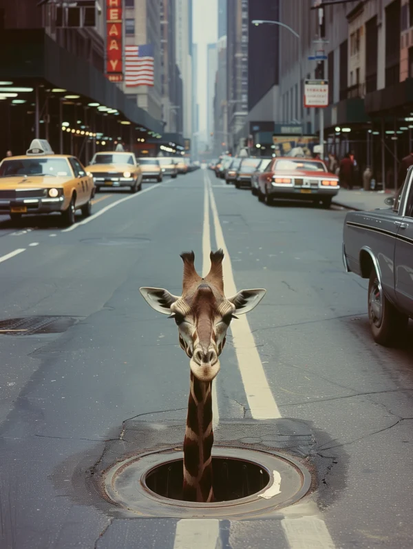 Une girafe à New York, photographie humoristique inspiré de Frans Lanting et Salvador Dali