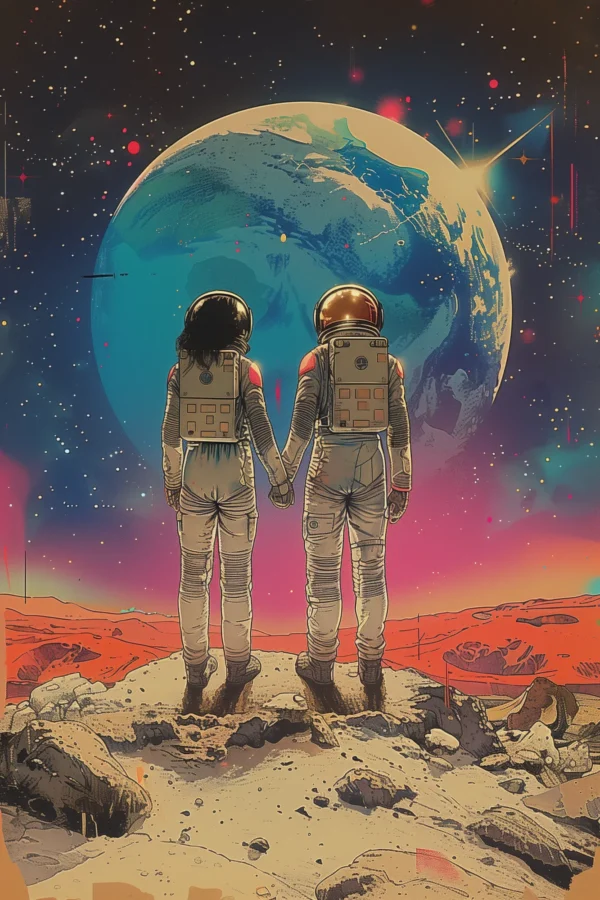 Interstellar love, illustration de bande dessinée futuriste inspiré de Jean-Claude Mézières et Ralph McQuarrie