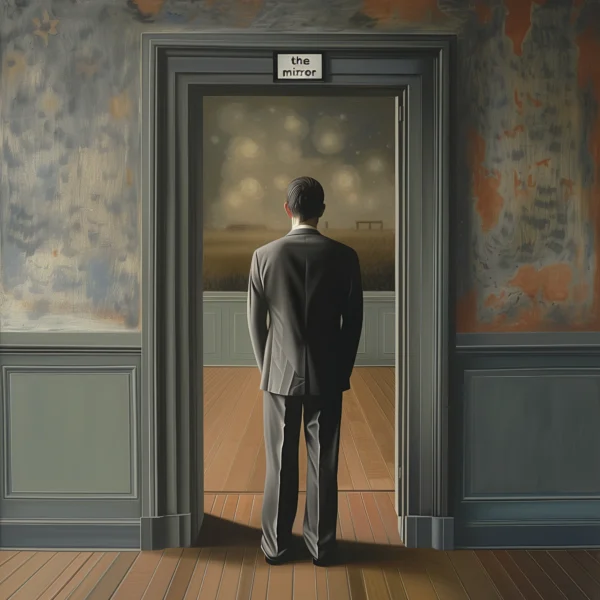 Le faux miroir, peinture surréaliste inspiré de René Magritte et Salvador Dali