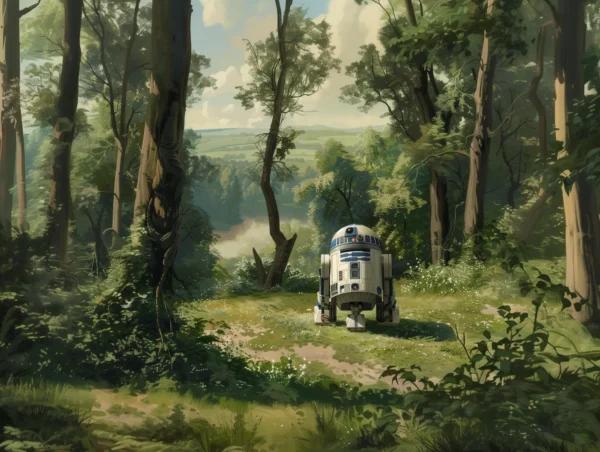 R2-D2 dans la forêt de Corot, paysage anachronique inspiré de Camille Corot et Ralph McQuarrie