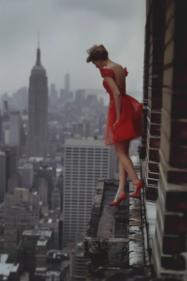 Atop a skyscraper II, photographie originale inspiré de Annie Leibovitz et Helmut Newton