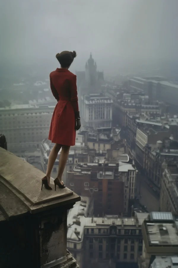 Atop a skyscraper III, photographie décalée inspiré de Annie Leibovitz et Helmut Newton