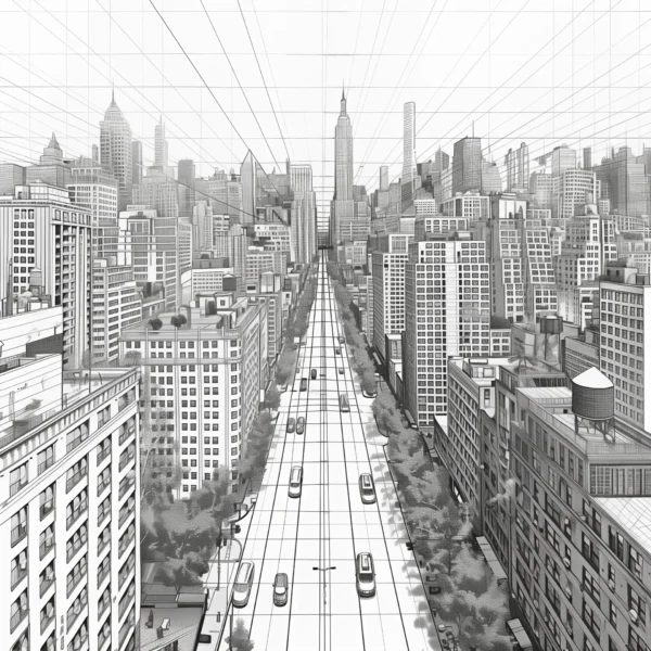 Perspective urbaine, dessin de paysage urbain inspiré de Moebius et François Schuiten