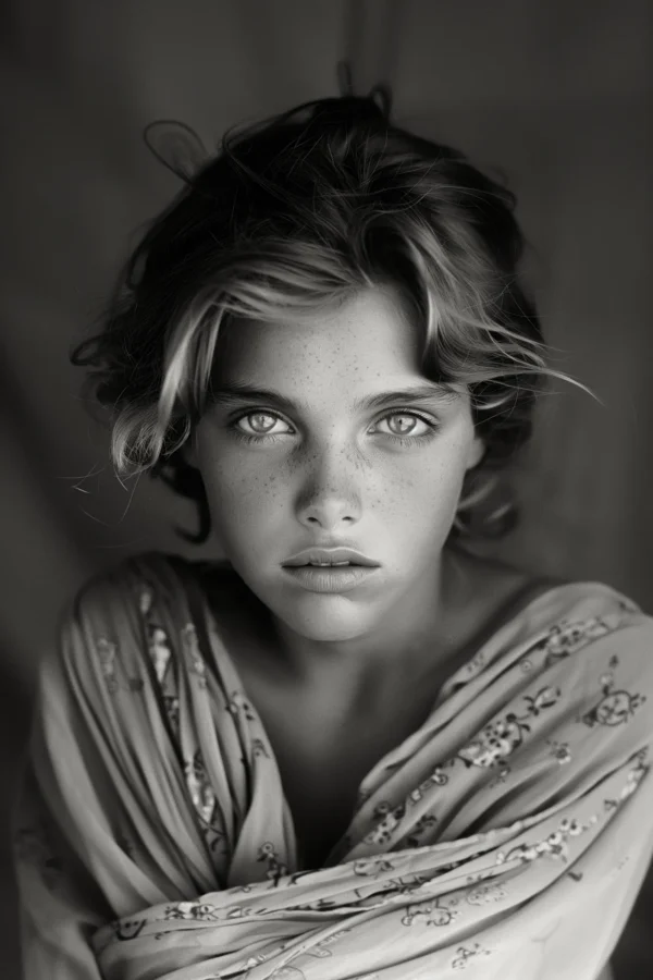 Jeune fille, Tunisie, portrait noir et blanc inspiré de Steve McCurry et Dorothea Lange