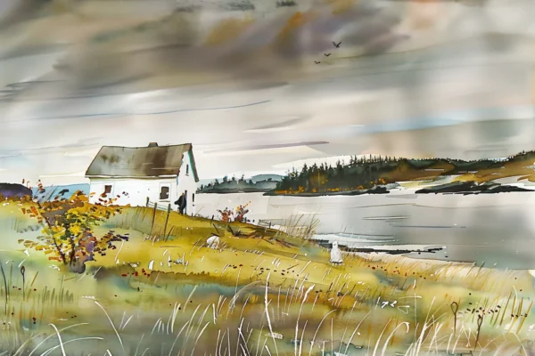 La maison au bord du lac, paysage aquarelle inspiré de Andrew Wyeth et Winslow Homer