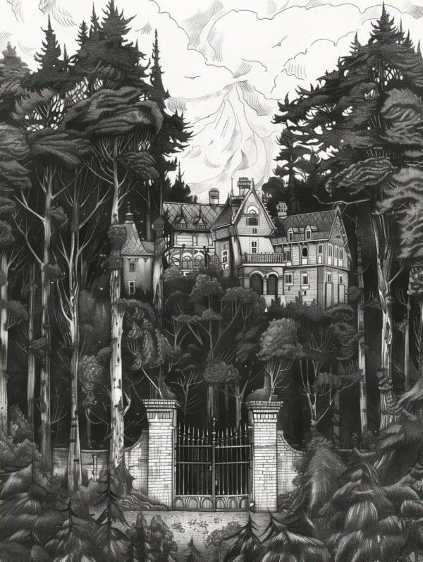 Le manoir fantôme, dessin noir et blanc inspiré de Hayao Miyazaki et Caspar David Friedrich