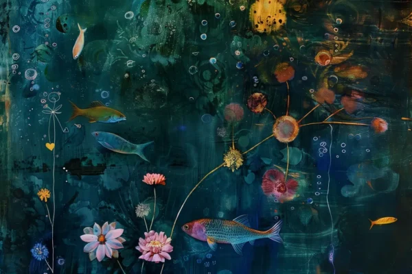 L'aquarium bleu, peinture de poissons multicolores inspiré de Marc Chagall et Paul Klee