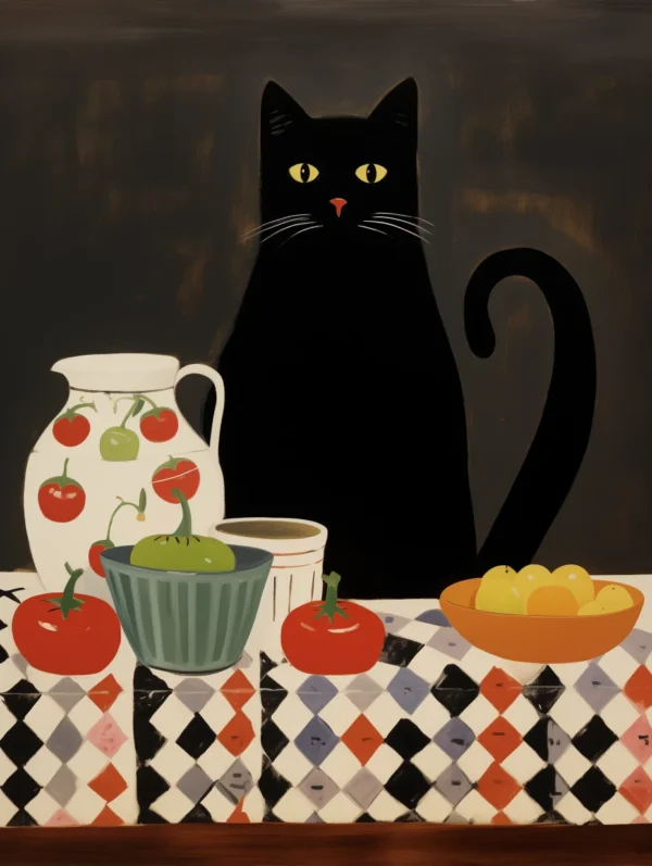 Le chat attablé, peinture de chat naïve inspiré de Mary Fedden et Giorgio Morandi