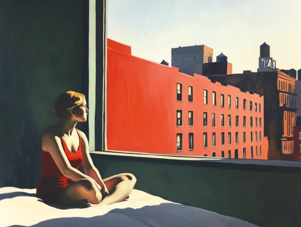 Soleil du matin rouge, Hopper revisité : soleil du matin rouge inspiré de Edward Hopper et Félix Vallotton